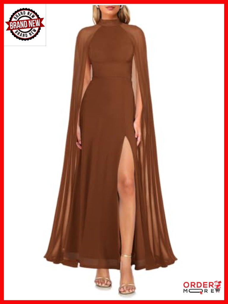 Elegant Mock Neck Slit A-Line Flowy Maxi Dress With Cape Sleeves